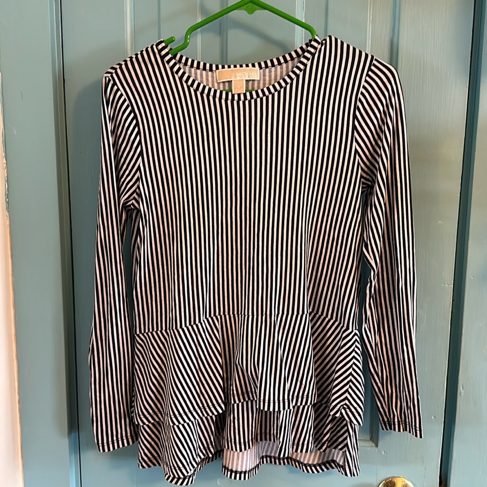 Michael Kors Navy and White striped peplum long sleeve